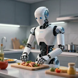 a robot preparing a meal in a kitchen, cyberpunk, sci-fi, coherent like Dall-E 2
