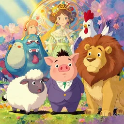 a vibrant emotional animation key shot of cute suit xenomorphic cow sheep pig chicken dog lion, studio ghibli, pixar and disney animation, sharp, disney concept art maximalist splatter paint illustration by shinji kimura and alphonse mucha and alena aenami, pastel color palette, bloom!!, dramatic lighting