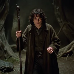 still image from 7 0's fantasy film depicting charles manson in the mines of moria, by tolkein