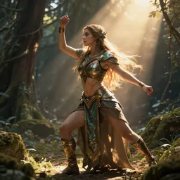 female earth mage, character design, action pose : : spotlight, biopunk, forestpunk