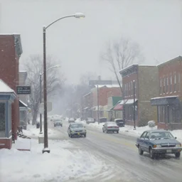 american small town street, cars, street lights, winter morning, snowing snow, cold, a painting by kenton nelson, edward hopper