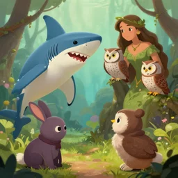 A shark girl get stolen by a criminal rabbit while an owl and mother nature watch, digital paiting, trending in artstation. 8k