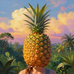 closeup, large pineapple head, girl surrounded by djungle, surreal photography, golden hour, colorful clouds, impressionist painting, digital painting, artstation, simon stalenhag