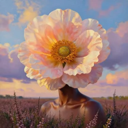 closeup, a giant flower as the head, african woman in heather field, surreal photography, golden hour, colorful clouds, impressionist painting, digital painting, artstation, simon stalenhag