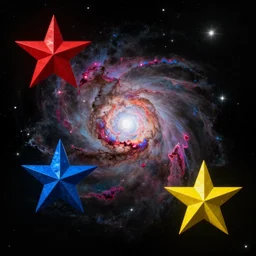red star and blue star and yellow star on black background, empty space, colorfull, nebula, habl telescope, detail render, realistic maya, octane render, rtx, nasa, photo