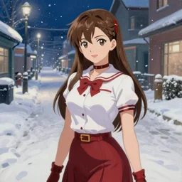 a night scene of a snowy street with a pinup asuna from sao, a detailed painting by anton pieck and gil elvgren, deviantart contest winner, fantasy art, concept art, official art