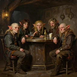 Beautiful hyperrealistic detailed matte portrait painting of a 20s fantasy goblin party in ekanite bar that looks like it's from lord of the rings and bazaar by greg rutkowski, andreas rocha and john howe, and Martin Johnson Heade,featured on artstation, ultrawide angle,f16 , golden ratio, f32, well composed, cohesive