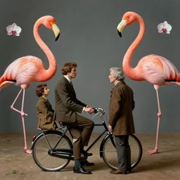 group of people talking surrounded by a bicycle, giant flamingos and floating orchids by rene magritte,