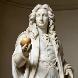 marble statue of isaac newton holding an apple