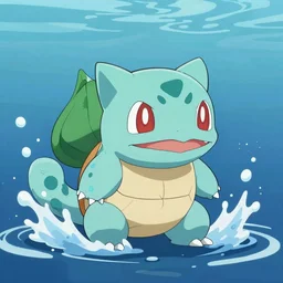 a bulbasaur ~ water powers ~ realistic ~ blue color ~ ocean background ~