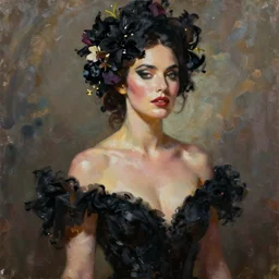 expressive _ oil _ painting _ of _ alluring _ catriona balfe, _ seductive _ look _ smooth _ glowing _ skin _ black _ dress _ ornate _ headpiece _ made _ from _ flowers _ glamour _ shot _ - c _ 1 2. 0