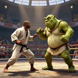 trevor philips on a kimono fights shrek in an arena, gta v style,