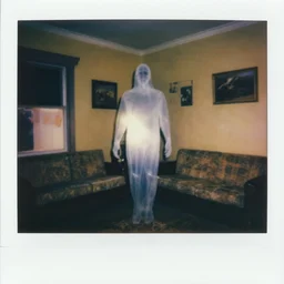 coloured atmospheric polaroid photo of a with transparent ghostly corpse body floating in old living room interior flashlight lighting