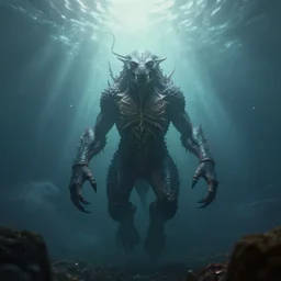 creature from the deeps, 8 k, ultra wide angle, contrast, depth of field, ray tracing, volumetric fog, unreal engine, pincushion lens effect, trending on artstation, zenith perspective, greg rutkowski, feng zhu