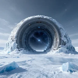 intergalactic stargate portal in the middle of a frozen tundra, with ice and snow all around it by nele zirnite