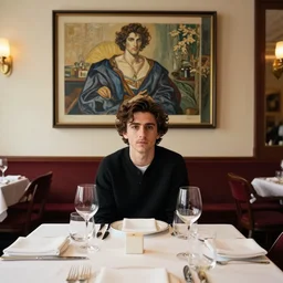 timothee chalamet sitting across table, pov, fancy restaurant, artwork by gaston bussiere, craig mullins, trending on artstation