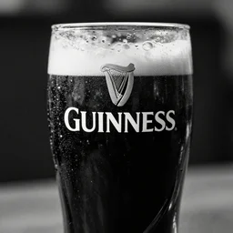 a close up shot of a pint of guinness beer with water droplets on the guinness glass, black and white, photography, photorealistic, cinematic, hdr