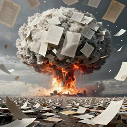 a nuclear blast on the horizon and documents, papers and folders floating in the sky!!!!, beksinski, dariusz zawadzki, very coherent symmetrical artwork. cinematic, hyper realism, high detail, octane render, 8 k