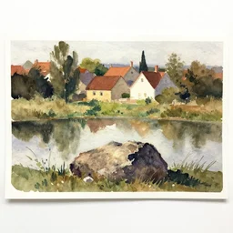 small centered on watercolor paper, paint brush strokes, abstract watercolor painting of village outskirt, pond, rough rock, cinematic light, national romanticism by hans dahl, by jesper ejsing, by anders zorn, by greg rutkowski, by greg manchess, by tyler edlin