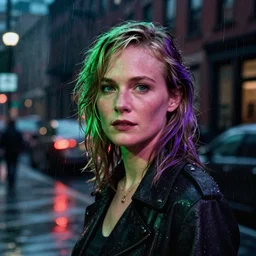 night flash portrait photography of carey mulligan with green and purple hair on a rainy night on the lower east side by annie leibovitz, raining!!!, colorful!!, nighttime!!,