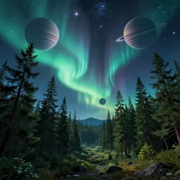 psychedelic, trippy, pine forest, planets, northern lights, milky way, cartoon by rob gonsalves