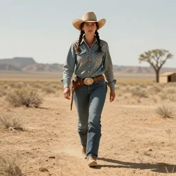female cowboy walking towards camera, hellscape, cinematic, insanely detailed and intricate, hyper - realistic 8 k