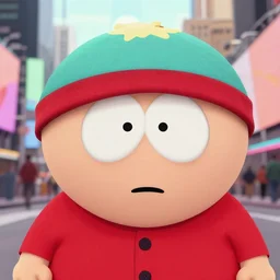 a closeup photorealistic still of cartman from south park in times square new york. accurate face. bright scene. fine detail. this 4 k hd image is trending on artstation, featured on behance, well - rendered, extra crisp, features intricate detail, epic composition and the style of unreal engine.