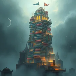 book tower city, books stacks, magical, mist, artstation