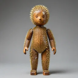 realistic photo of a human model doll made of wood and covered with brass spikes, with patches of white hairs, center straight composition, front view 2 0 0 0, life magazine photo, museum archival photo