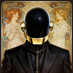 A full portrait of Daft Punk, intricate, elegant, highly detailed, digital painting, artstation, concept art, smooth, sharp focus, illustration, art by Krenz Cushart and Artem Demura and alphonse mucha