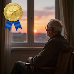 A very old man, sitting in a chair in front of a window, looking out at a beautiful sunset award winning photograph