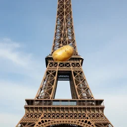 a potato stuck on the top of the eiffel tower. photographic, photography