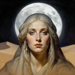 conjecture of wise old beautiful woman face Desert Spirit, under unresolved evil moon illusion, in the style of Frank Frazetta, Jeff Easley, Caravaggio, extremely clear and coherent, clear lines, 8K revolution