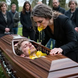 hyper - detailed photo of a grieving widow bent over her husband's coffin with viscous yellow jelly pouring out of her eyes nose and face pooling in the casket and horrifying onlookers in the cemetery iris van herpen