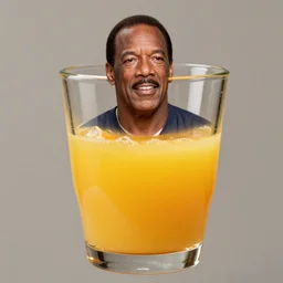 photo of ( shrunk down real life o j simpson ) [ floating inside a glass of orange juice ]