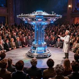 teleportation machine in front of a large crowd of people, with a scientist giving a presentation on it by charles addams