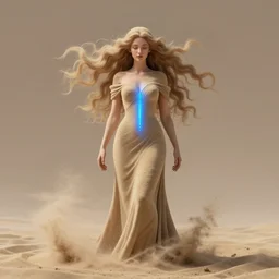 a wonderful symmetrical portrait of goddes with a beautiful face dressed with a long dress made of moving sand, one flash on top, one blue light flash in front of her, trending artstation, octane render 8 k
