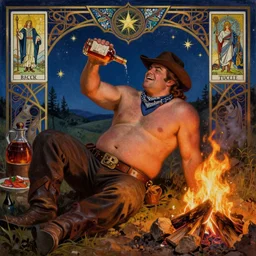 a dramatic, epic, ethereal painting of a !!!handsome!!! thicc chunky beefy mischievous shirtless man with a big beer belly wearing a large belt and bandana offering a whiskey bottle | he is a cowboy relaxing by a campfire | background is a late night with food and jugs of whisky | homoerotic | stars, tarot card, art deco, art nouveau, mosaic, intricate | by Mark Maggiori (((and Alphonse Mucha))) | trending on artstation