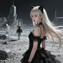 beautiful concept art of lunar cyberpunk city showing a beautiful girl with long platinum blonde hair in the distance, two - side up and cat ears standing in a black gothic frilly dress in the distant, ayami kojima, digital painting,!! super detailed!!, spectacular view, trending on artstation, uhd, w - 1 0 2 4