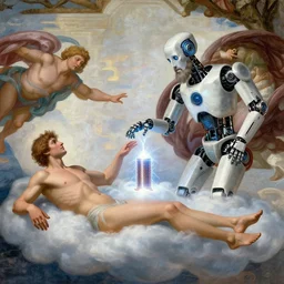 ai mechanical robot with beard on the cloud is touching a human, transferring new energy with light and tesla coil, the creation of adam, classical fresco painting