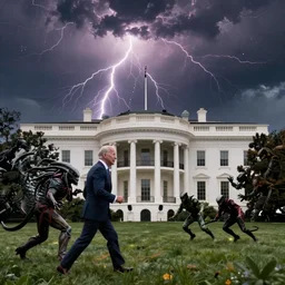 president joe biden is running scared and being chased by a yautja predator monster on the white house lawn during a lightning storm, featured on artstation, cgosciety, dramatic, stunning artwork by artgerm, wlop