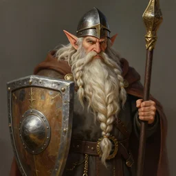 a detailed portrait of a holy dwarf cleric with the world's longest braided beard, infinite beard length he is holding a giant shield, wearing a war - helmet, by justin gerard and greg rutkowski, digital art, realistic painting, dnd, character design, trending on artstation