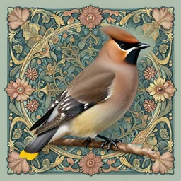 ethereal Bohemian Waxwing bird, Bombycilla garrulus, intricate details, ornate, detailed illustration, octane render, Johanna Rupprecht style, William Morris style, trending on artstation