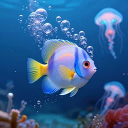 adorable bubble fish, underwater, magical ocean, bubbles, tiny colorful fish, bioluminescent jellyfish, noah bradley