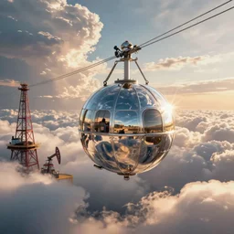 an inflated stainless steel chrome gondola in the clouds, people are hanging by steel cables. Intricate technical drawing. Mammatus clouds. Oil rig, solarpunk