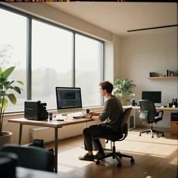kodak portra 4 0 0 photographic and realistic, a modern room large windows with a clean desk with a desktop computer, detailed, a professional writer sitting at the desk, octane render, unreal engine, 4 k, artstation, hyper realistic, wide angle, 3 5 mm, sharp focus, warm light, in the style of greg rutkowski