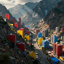Futuristic cyberpunk city on a mountainside, looking down mountain slope, red yellow and blue buildings, Starbrick Road, colorful city