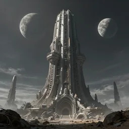 epic concept art matte painting by weta digital, towering abandoned alien superstructure, hostile exoplanet with two moons, george lucas, mohrbacher, cgisociety