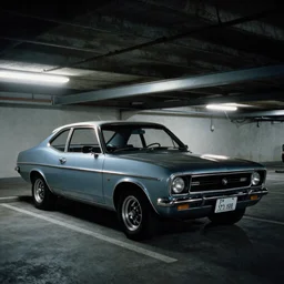 1975 hatchback, inside of an badly lit 1970s parking garage, ektachrome photograph, volumetric lighting, f8 aperture, cinematic Eastman 5384 film