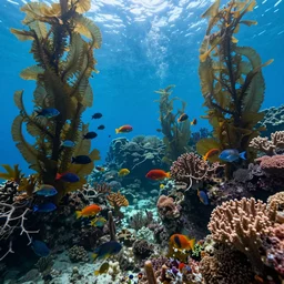 magical unimaginable beautiful underwater life in detail, algae, corals, packs of many colorful fish and birds, underwater fabulous inhabitants, cinematic light, hyperrealistic